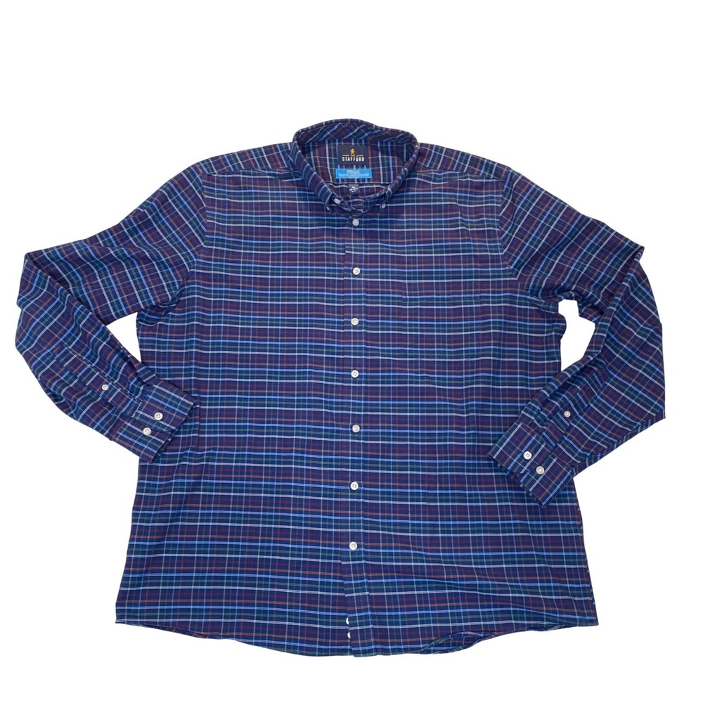 Stafford Coolmax Dress Shirt Mens XL 17.5 Blue Plaid Performance Button